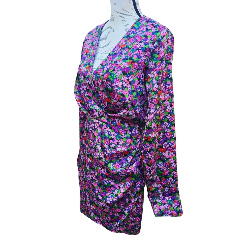 Zara Womens Purple Floral‎ Long Sleeve Wrap Mini Dress V-Neck Ruched Size Medium